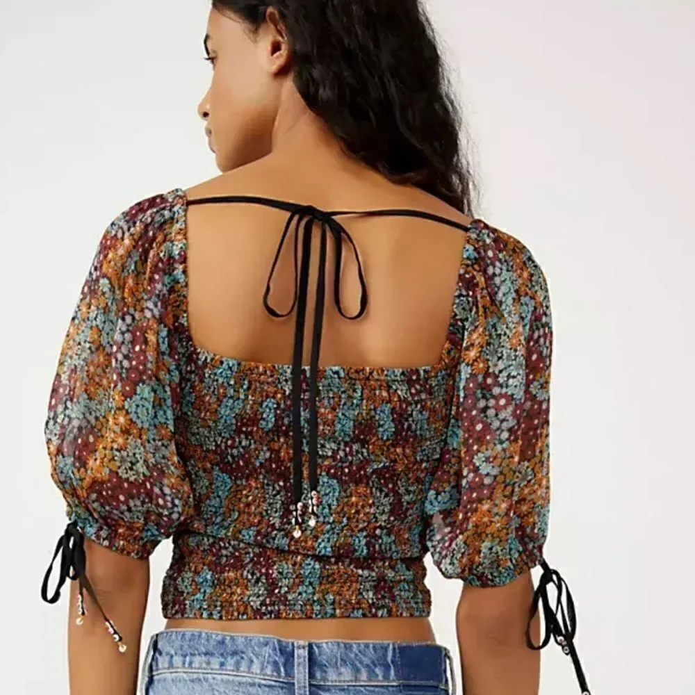 Free People Back On Crop Top Smocked Puff Sleeves Floral Printed XS